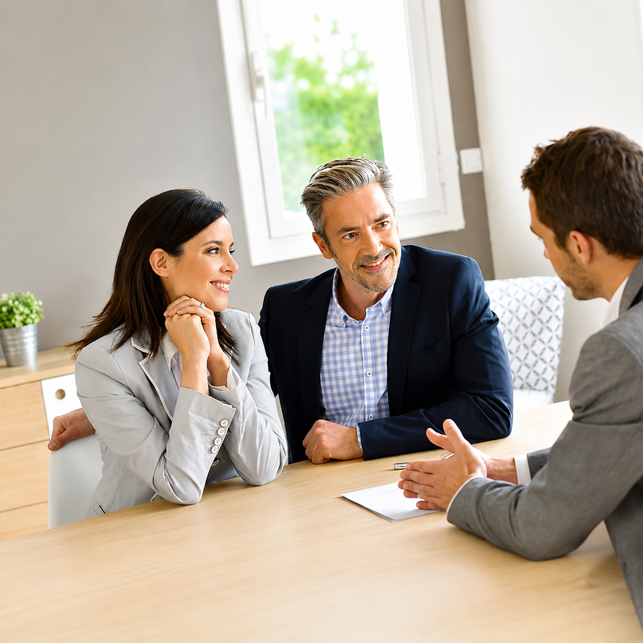 Couple souriant en rendez-vous avec un conseiller Ecobank pour un prêt professionnel
